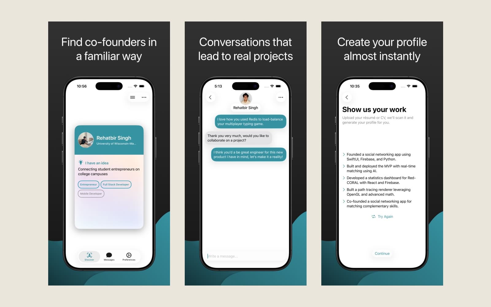 Three Flux iOS screens side by side: a co-founder profile card on Discover, a chat between matched students, and a profile generated from an uploaded résumé